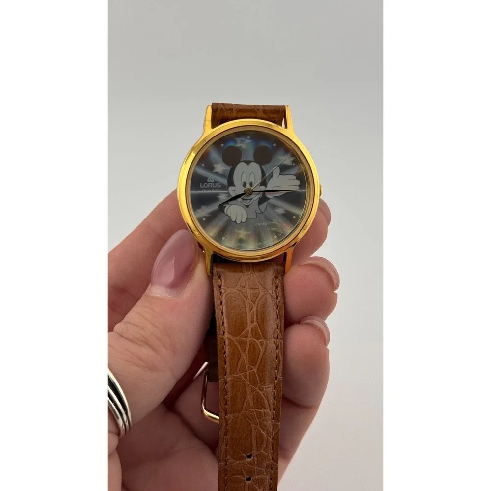 Vintage Mickey Mouse Watch Gold Tone‎ Lorus Seiko Quartz Disney Holograph